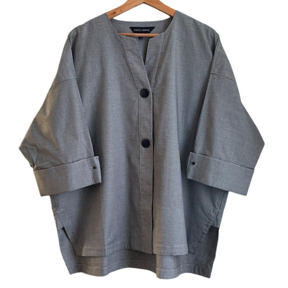 Ming Wang Gray Open Front Tunic Jacket with Black Buttons
